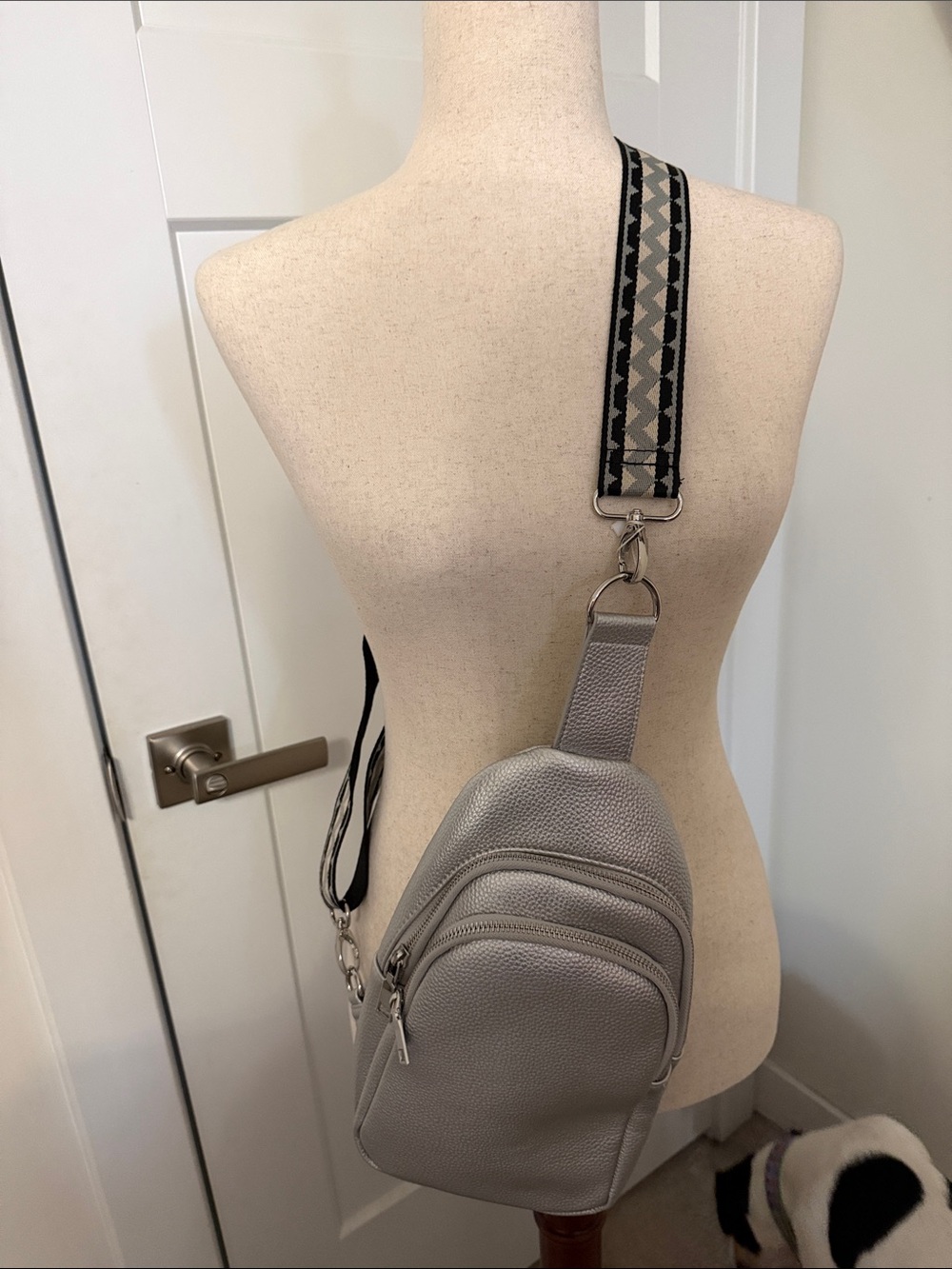 Metallic Silver Leather Crossbody Sling Bag with Patterned Strap